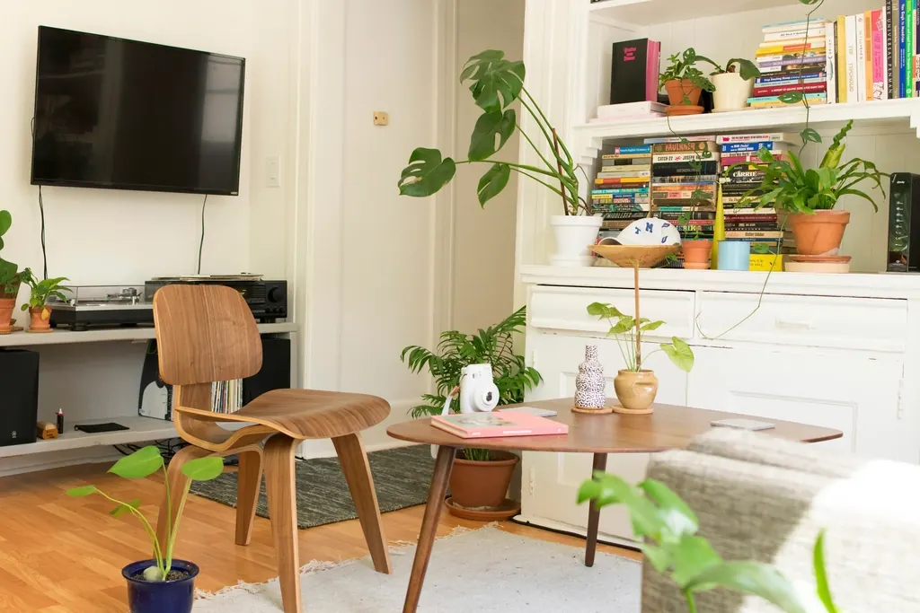 Sala de estudio con plantas, biblioteca y luz natural